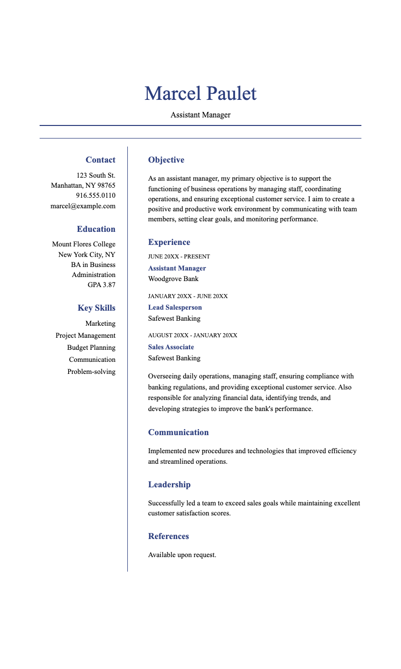 Basic management resume - Professional two-column resume template for managers and executives seeking career advancement opportunities
